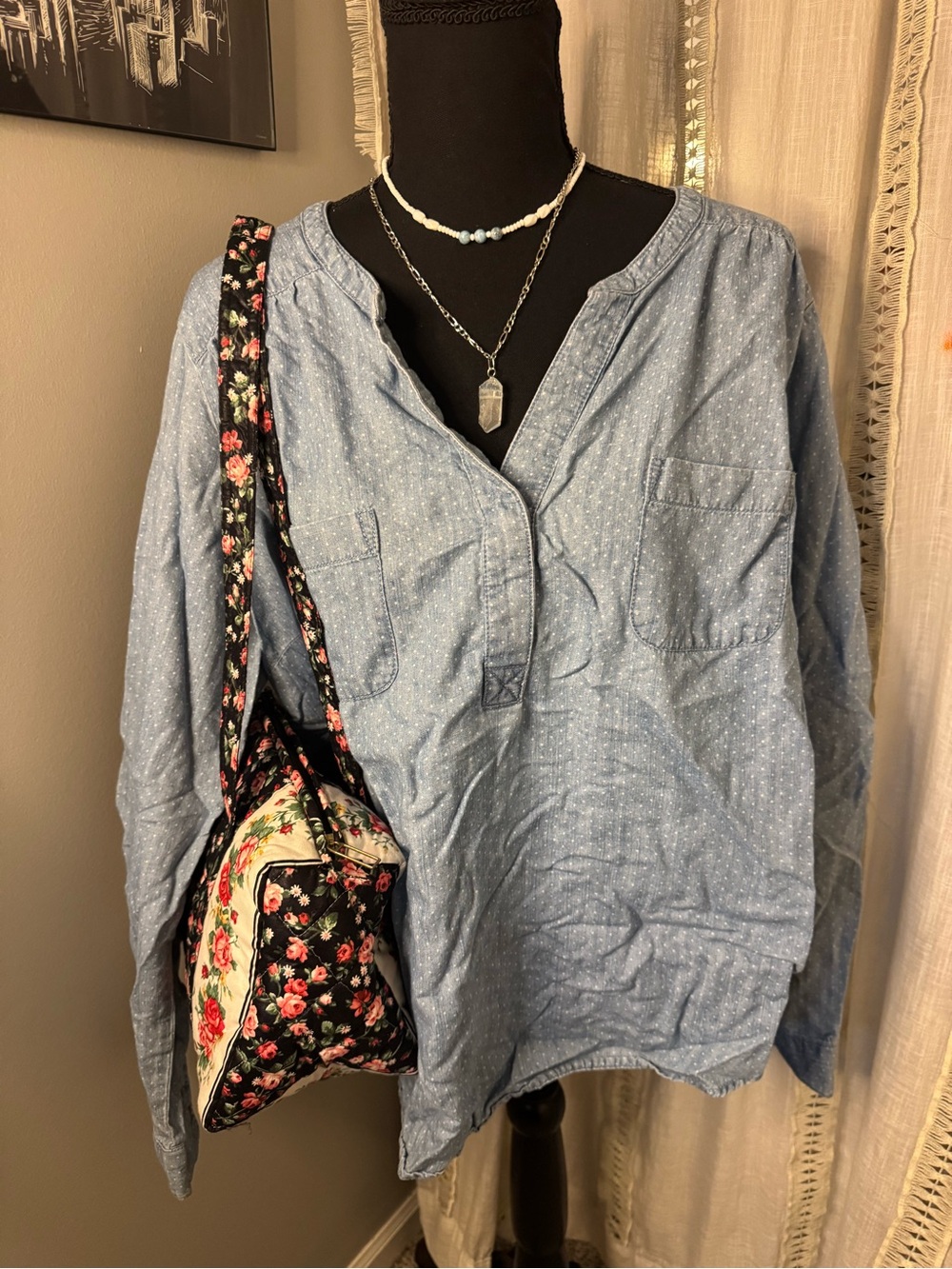 Sonoma PolkaDot Long Sleeve Denim Blouse, Cotton and Lyocell